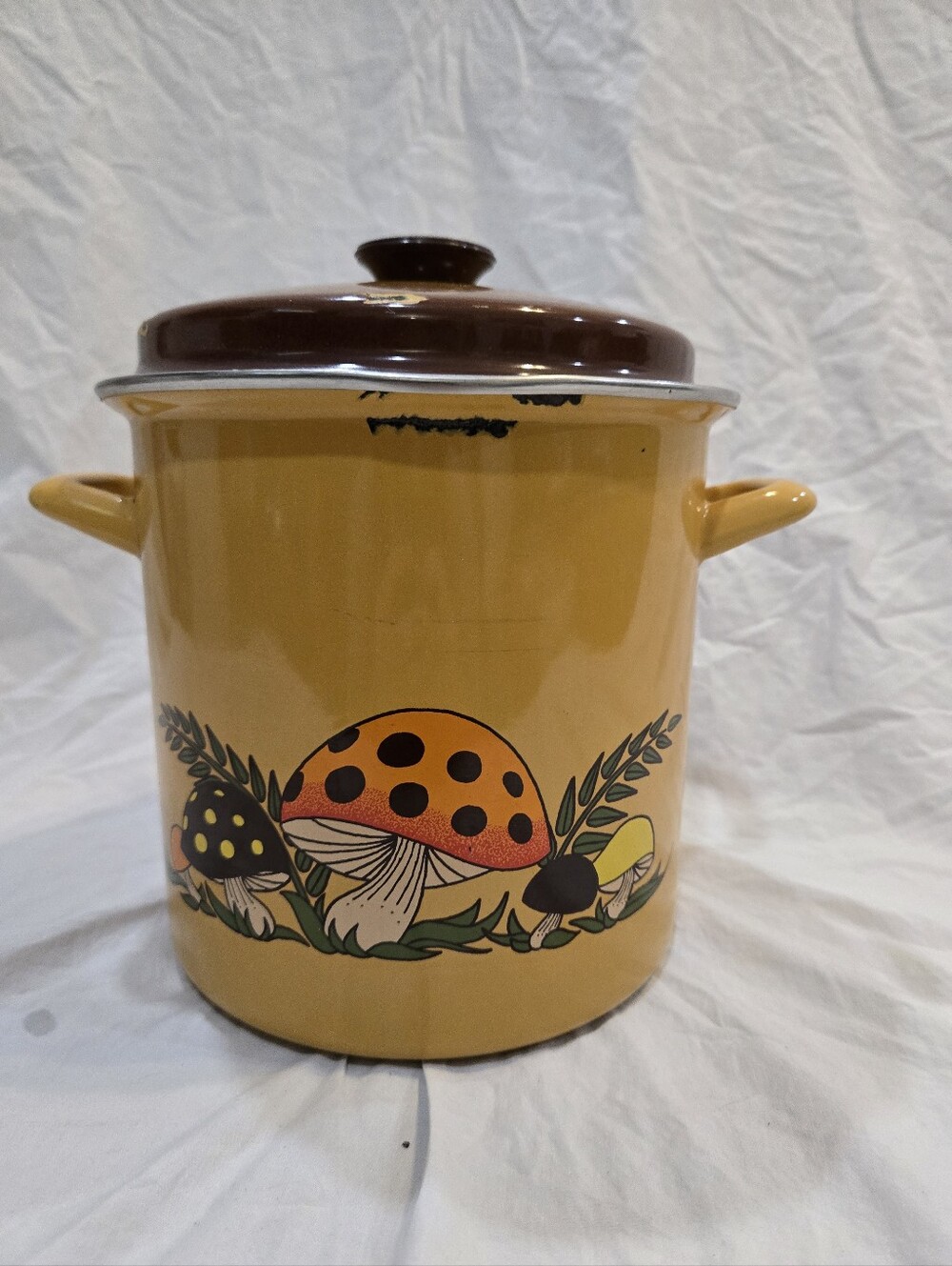 Vintage Yellow Enamel Mushroom Stockpot with Brown Lid